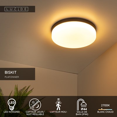 Lucide BISKIT - Plafonnier Salle de bains - Ø 34,5 cm - LED - 1x24W 2700K - IP44 - Détecteur De Mouvement - Noir